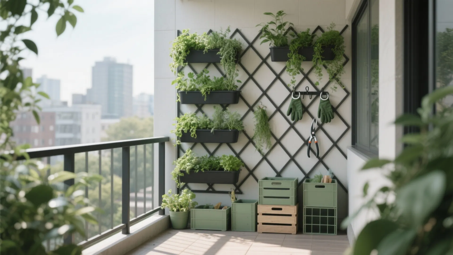 Balcony trellis with staggered planters, hooks, and slim storage crates creating a green, functional wall.
