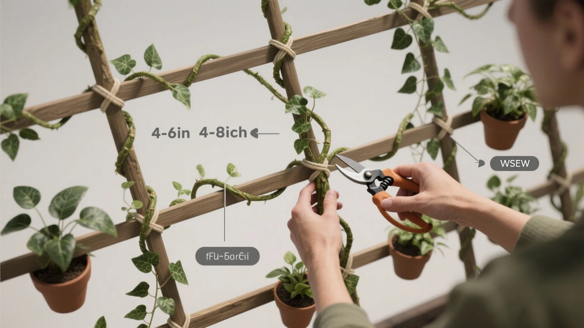 Top-down instructional view of training plants to climb a trellis with ties and pruning tools.