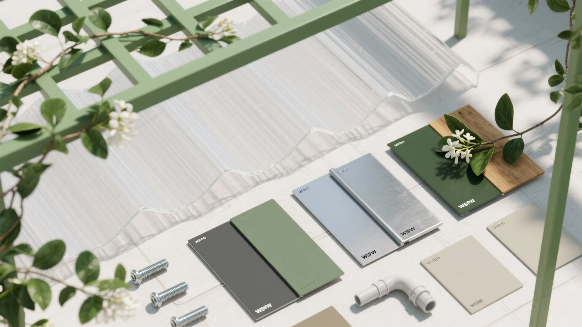 Material samples for outdoor design including green metal plates wood panel screws and white flower branches