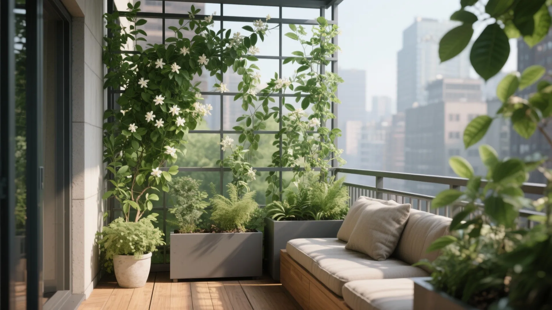 Outdoor balcony featuring a metal trellis with climbing white flowers a sofa and wooden flooring