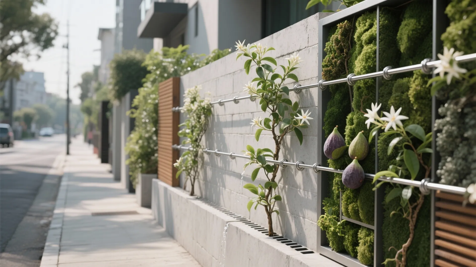 Vertical garden on a stone wall with white flowers purple fruit and green climbing plants