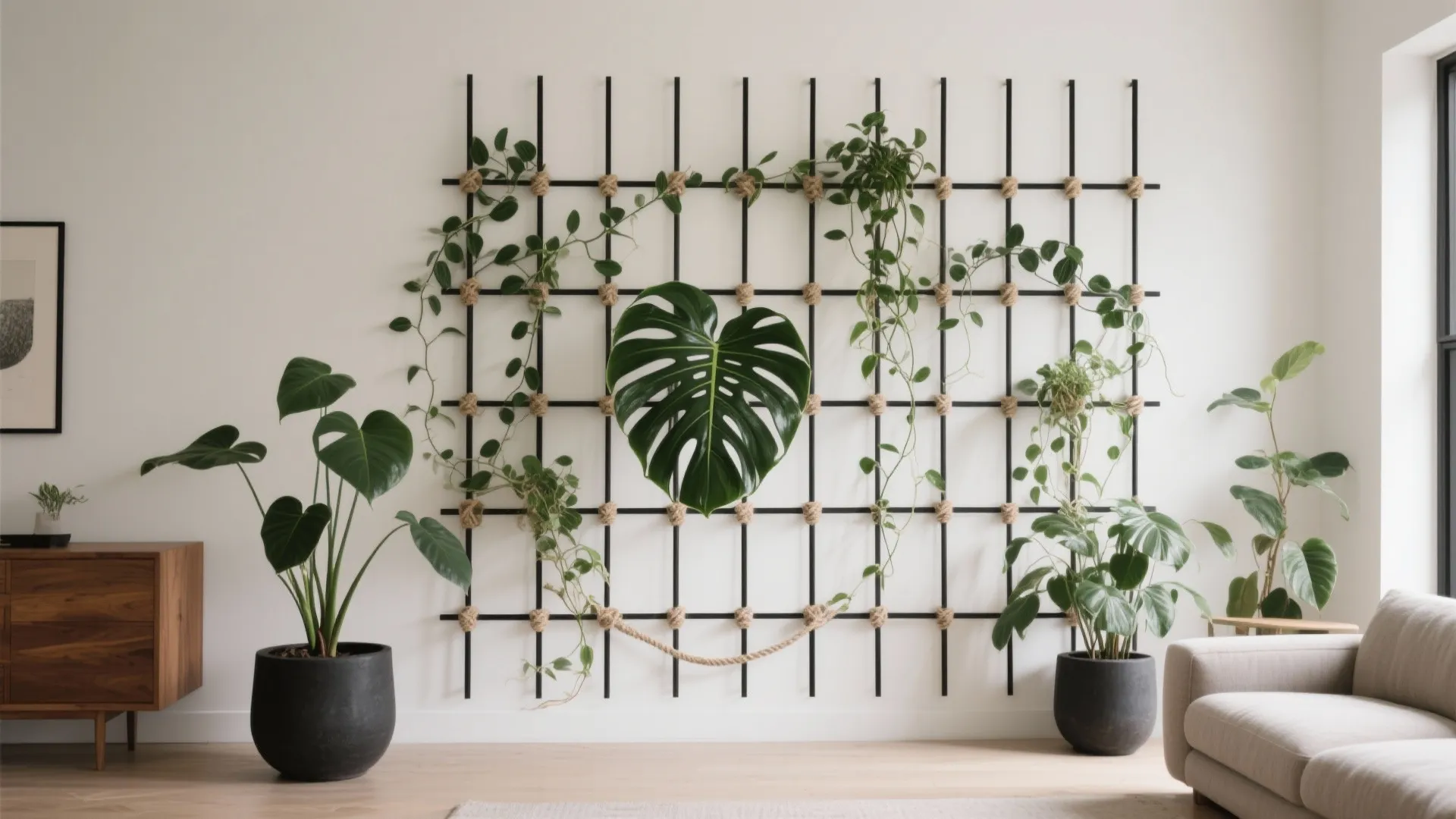 Climbing plant trellis wall in the living room