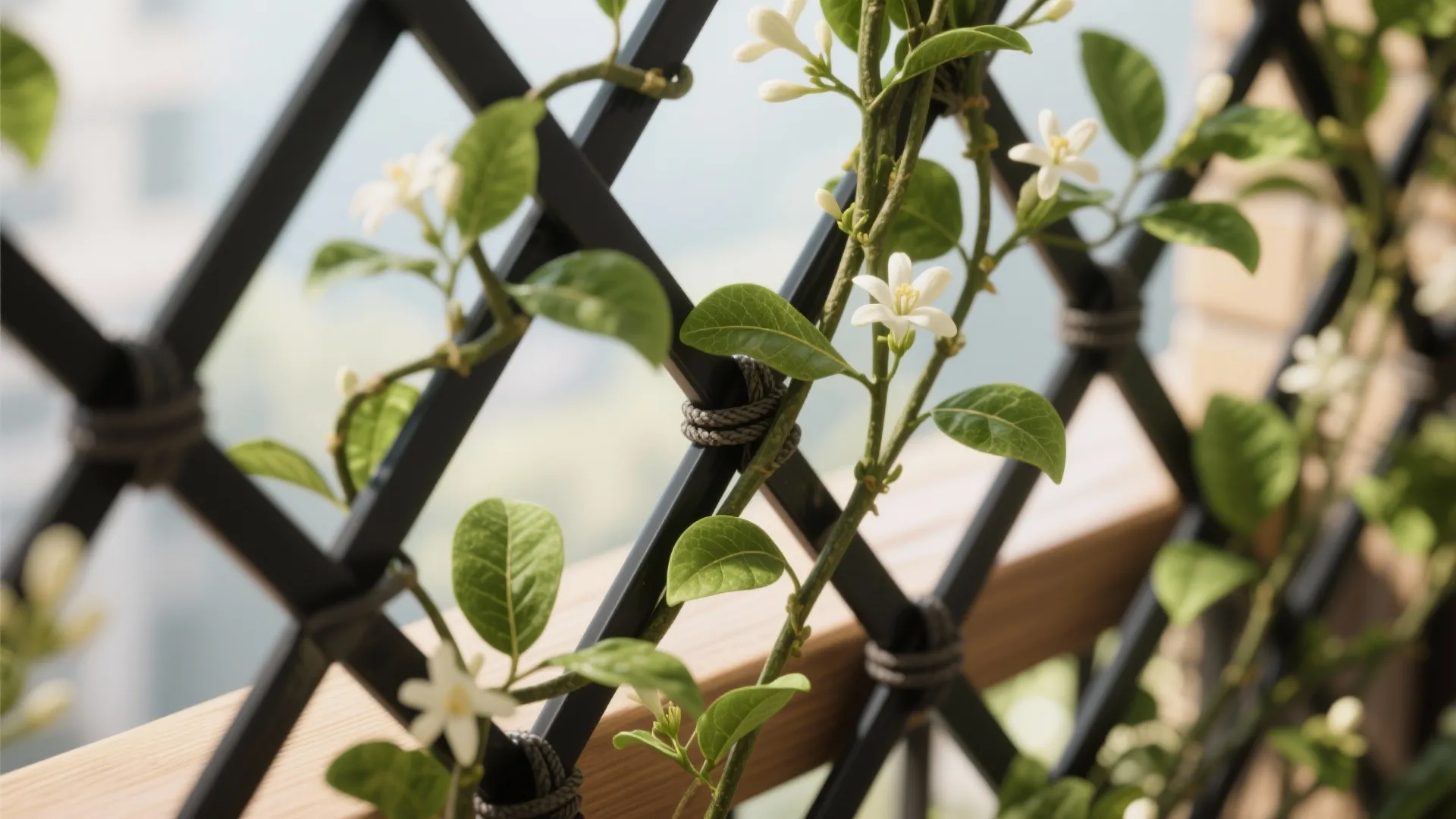 Macro of a balcony trellis with jasmine vines, glossy leaves, and discreet tie-backs in soft daylight.