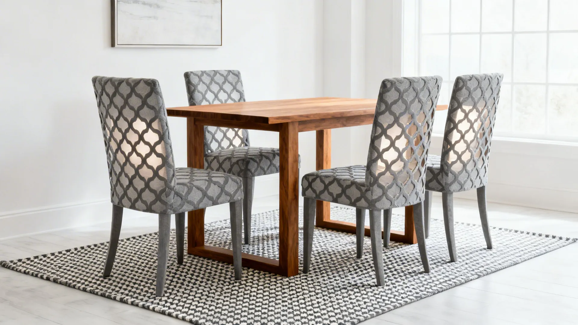 Dining corner with slate-gray Moroccan trellis seat covers coordinated with a subtle houndstooth rug.