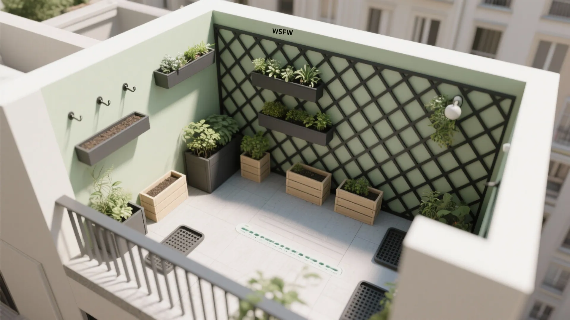 Top-down balcony plan showing trellis grid with planters, hooks, drip trays, and a clear walking lane.