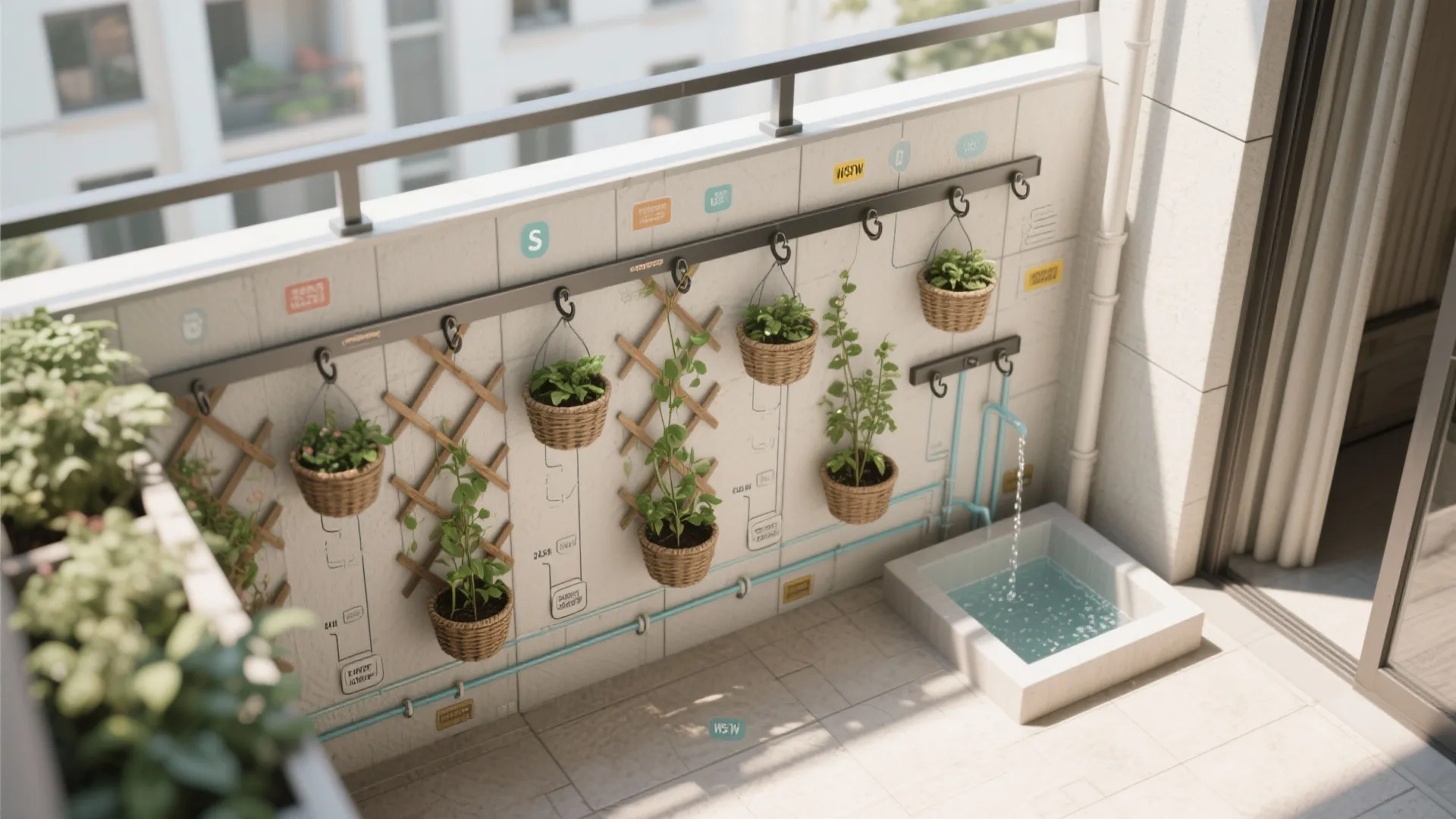 Vertical garden on a balcony wall with hanging plants in baskets and small water feature sink
