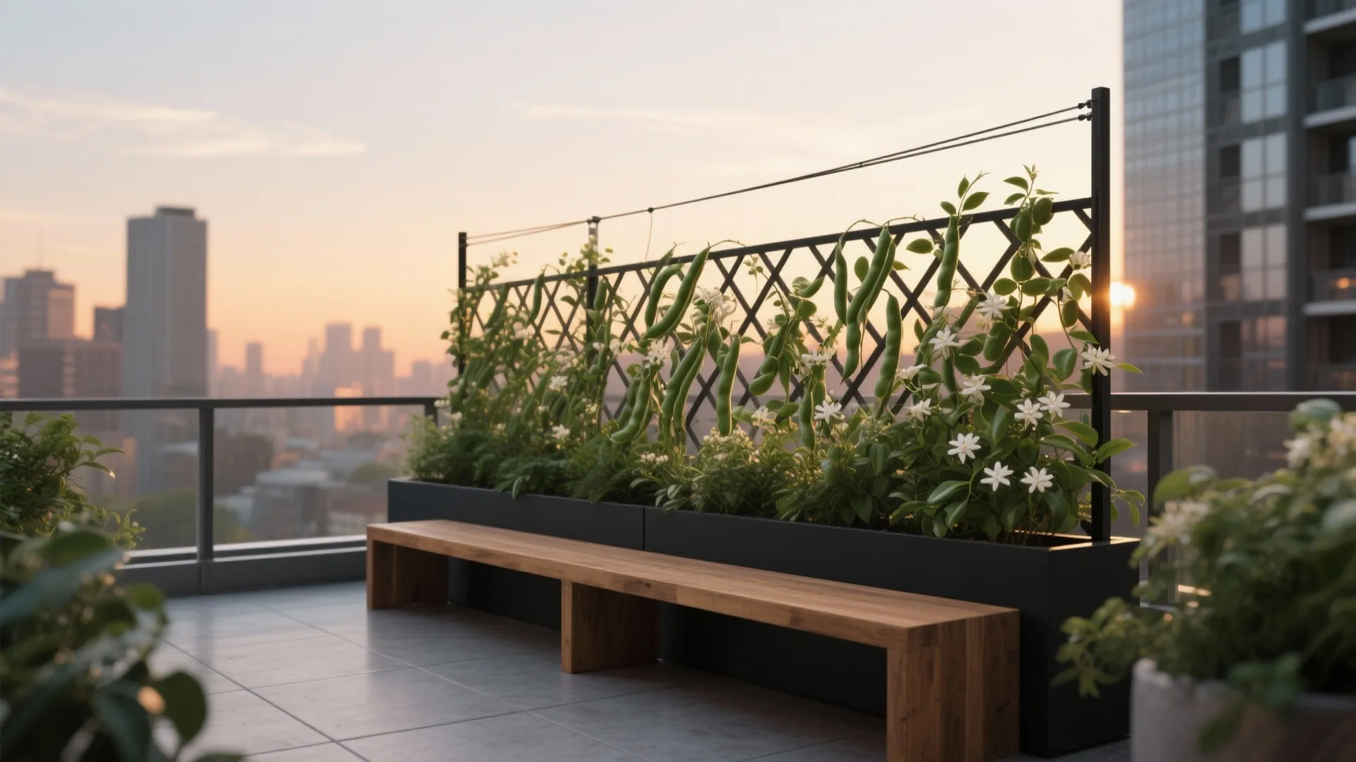 Trellis-Integrated Boxes for Vertical Greens and Privacy