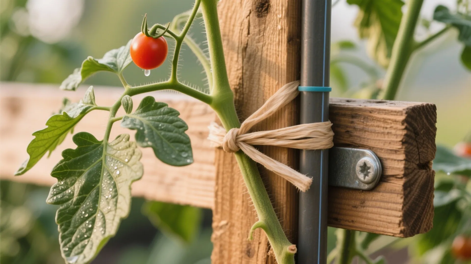 Macro of soft tie securing a tomato vine to a cedar trellis with hidden drip line.