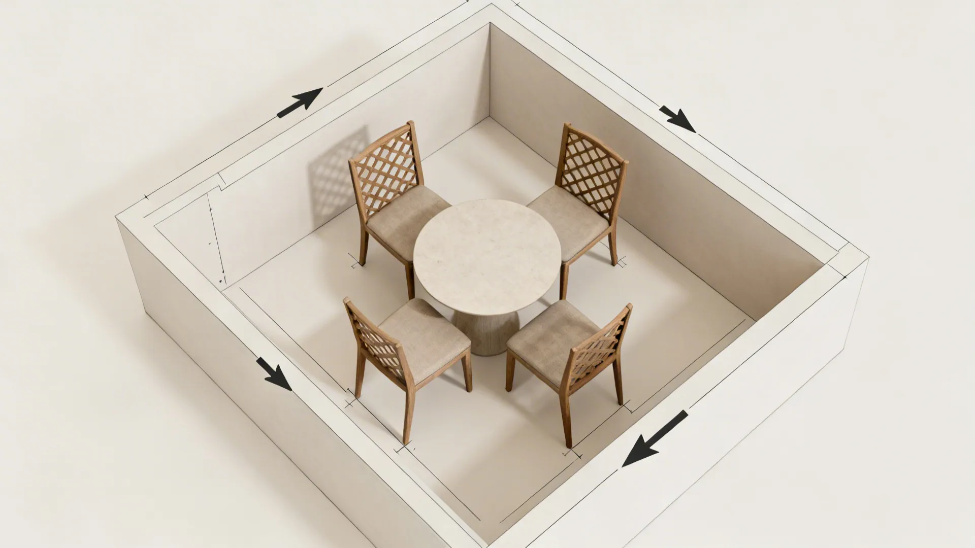 Top-down view of a compact dining layout illustrating chair spacing and trellis pattern alignment.