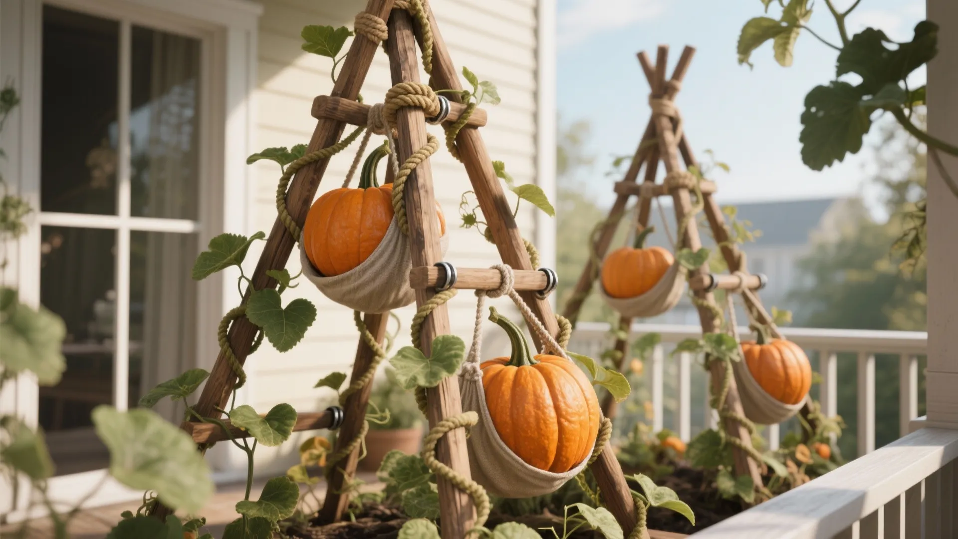 Vertical garden with orange pumpkins growing on wooden frame structures using fabric bags for support