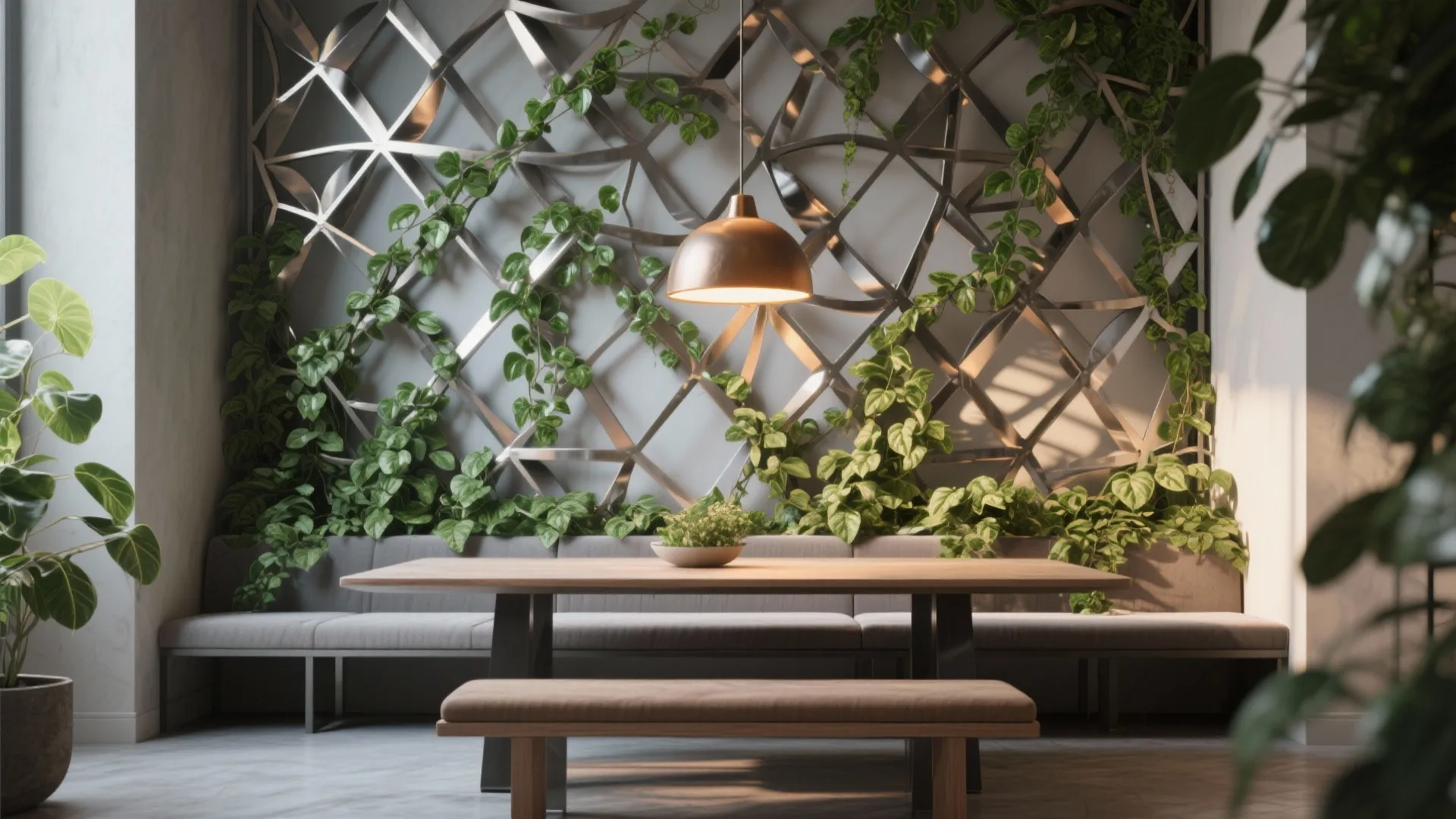 4. Sculptural trellis with trailing plants