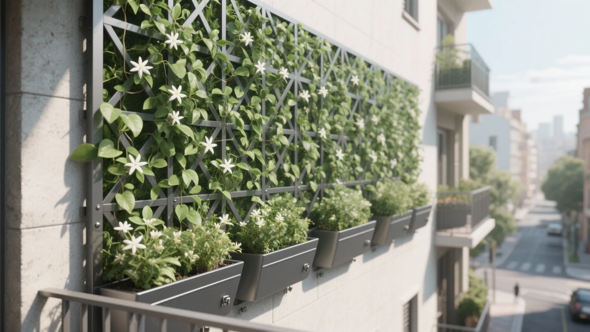 Exterior wall featuring a black metal trellis with climbing green leaves and white flowering potted plants