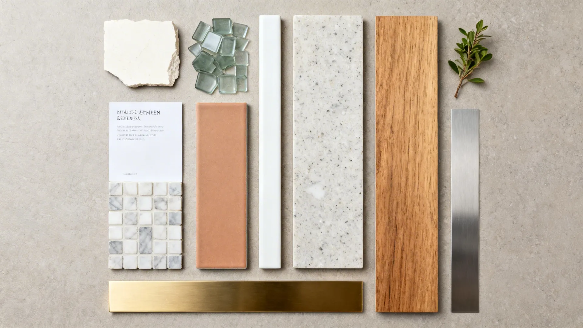 Material board flat lay featuring wood plank marble tiles stone metal strips and small green leaves