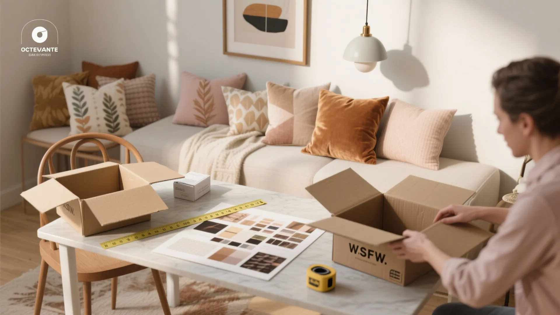 Top-down view of unboxed trendy cushions, wall art, and a moodboard being arranged for styling.