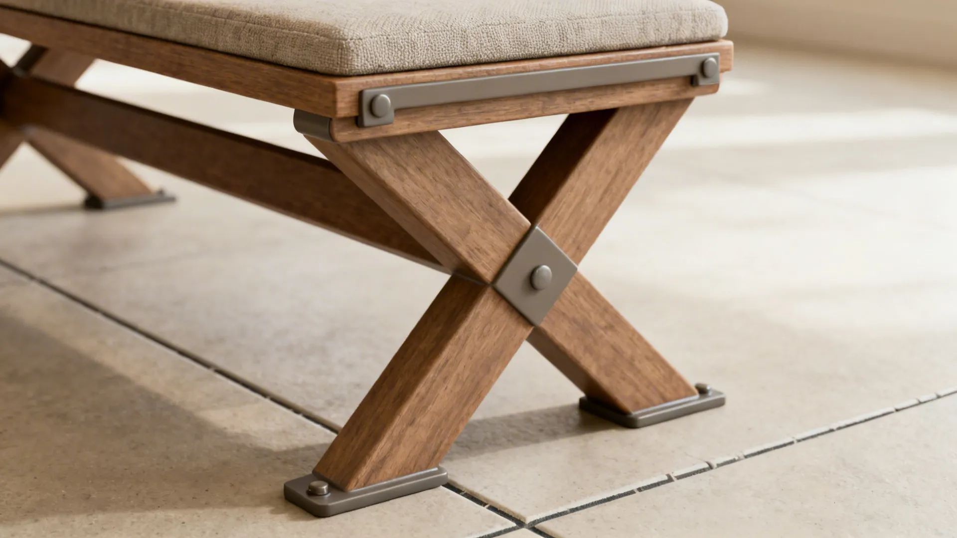 Close-up of trestle base and bench pad showing sturdy joinery and finishes.