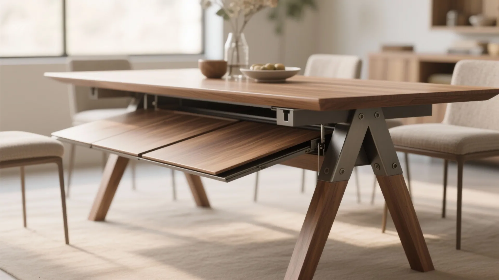 Dining area with a folding trestle table and hidden leaves shown both stored and extended.