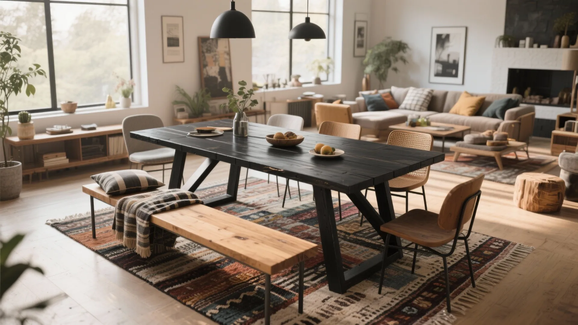 Open-plan space with a black metal trestle table, mixed seating and soft textiles for a layered look.