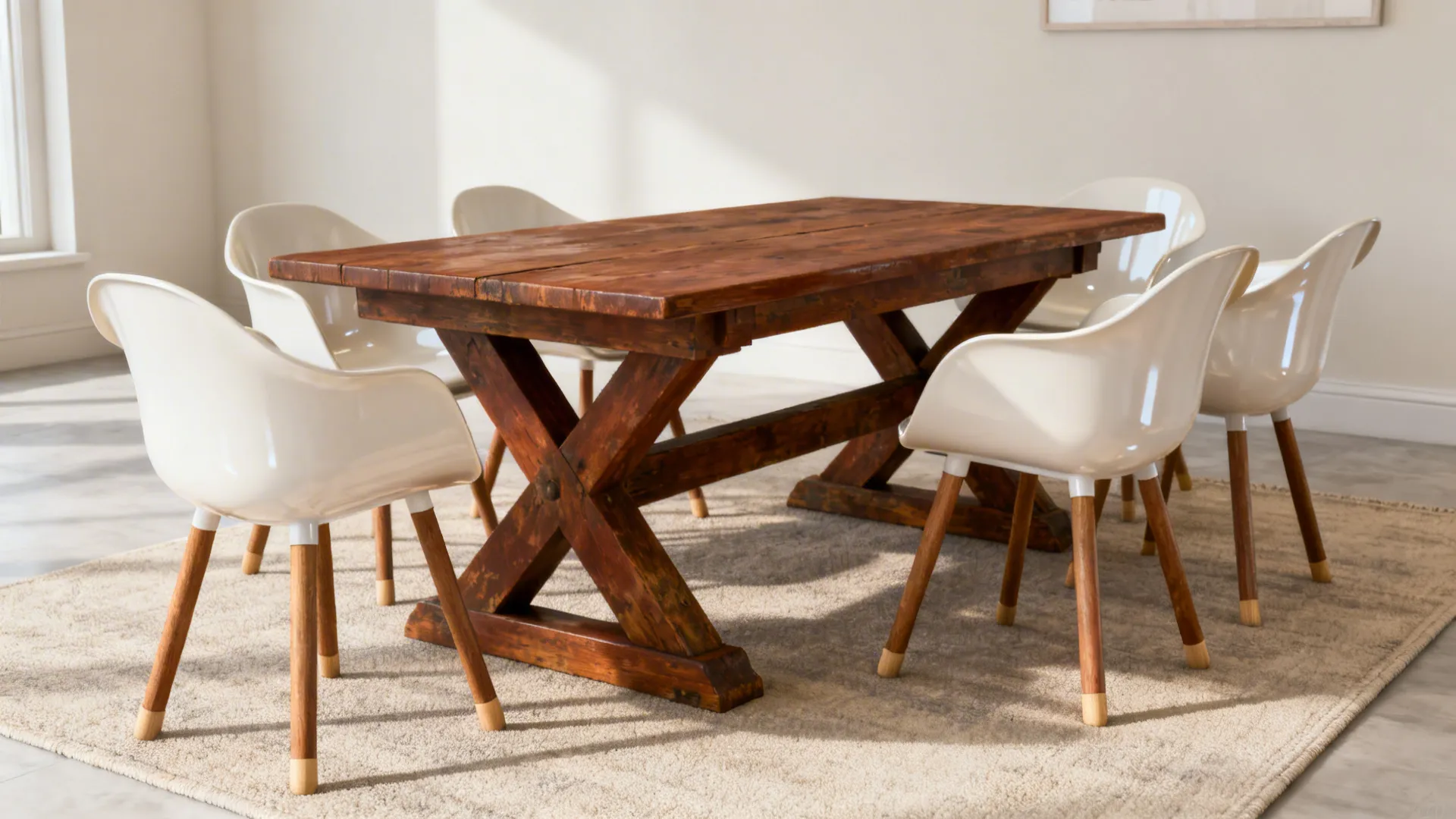 Traditional mahogany trestle dining table with mid-century molded shell chairs on wooden dowel legs.