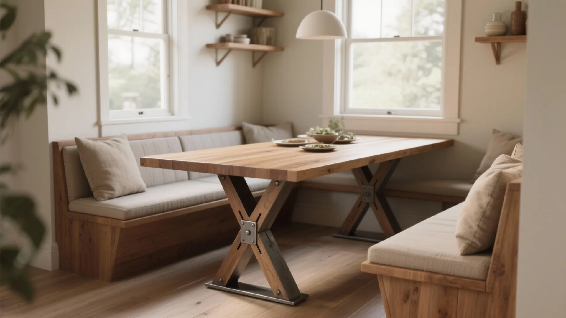 Dining area with wooden table and grey corner seating bench plus white walls and natural light