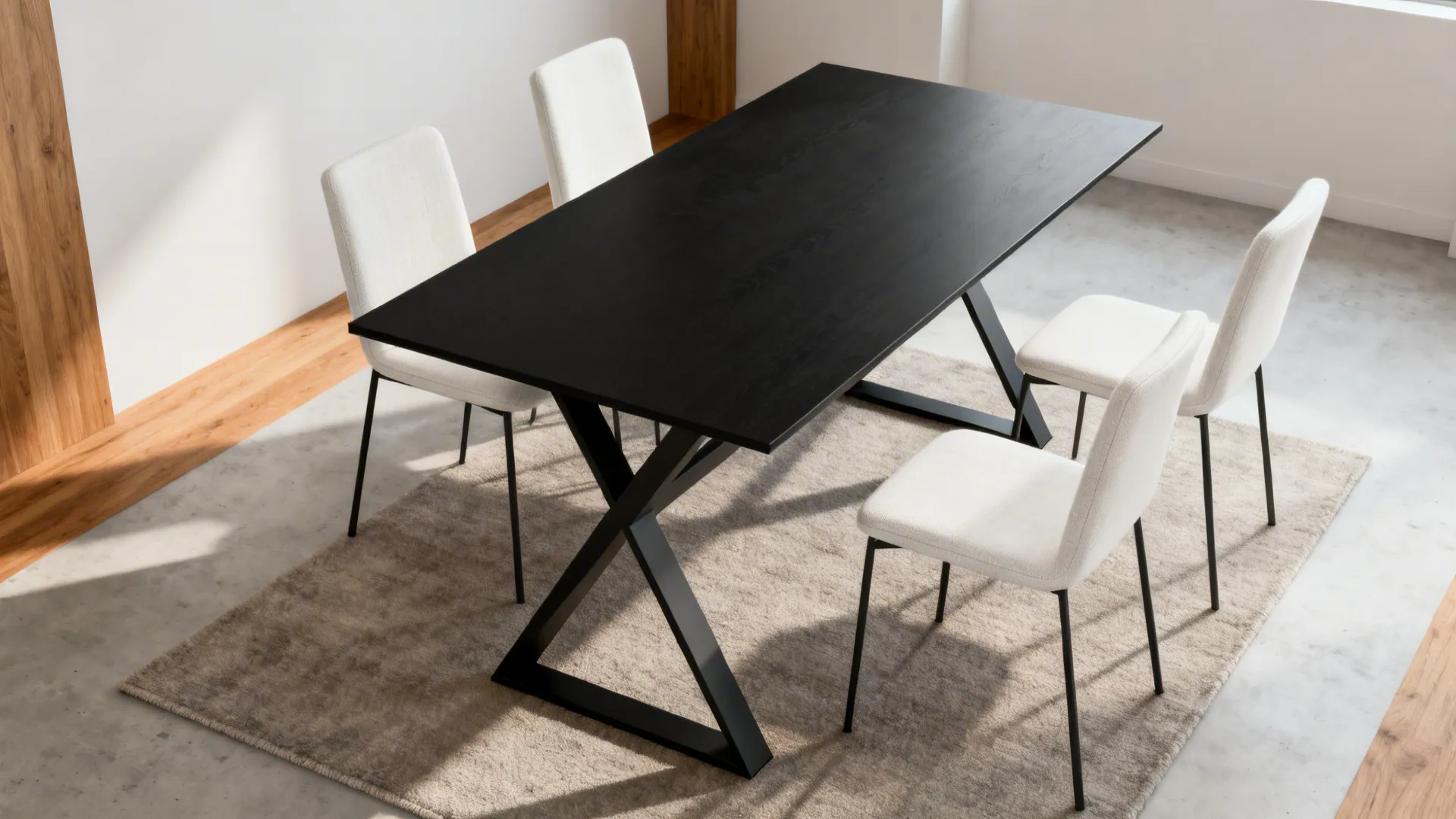 Black rectangular dining table with white chairs on a grey rug in a minimalist room