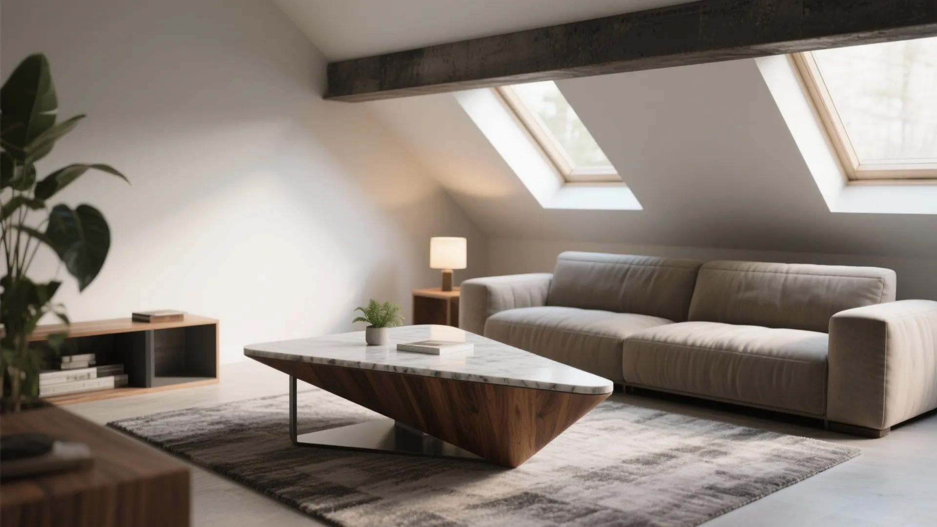 Attic living space with triangular wood coffee table, beige sofa, roof window, and natural light