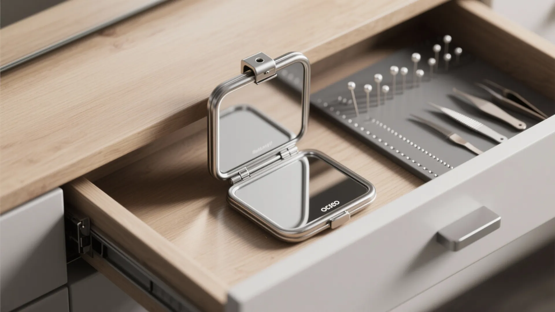 Small folding silver makeup mirror inside a wooden drawer with tools on a grey tray