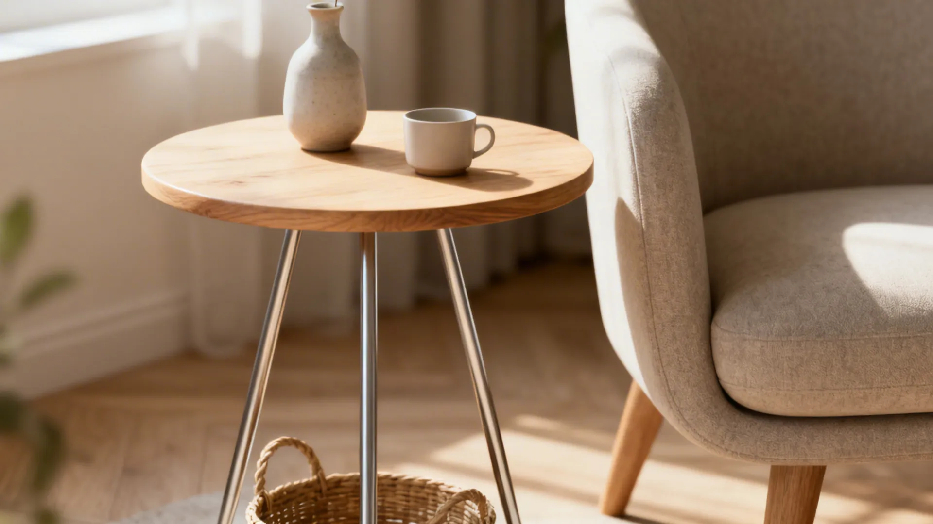 Tri-leg round accent table next to an armchair with a vase and cup, showing airy silhouette and light materials.