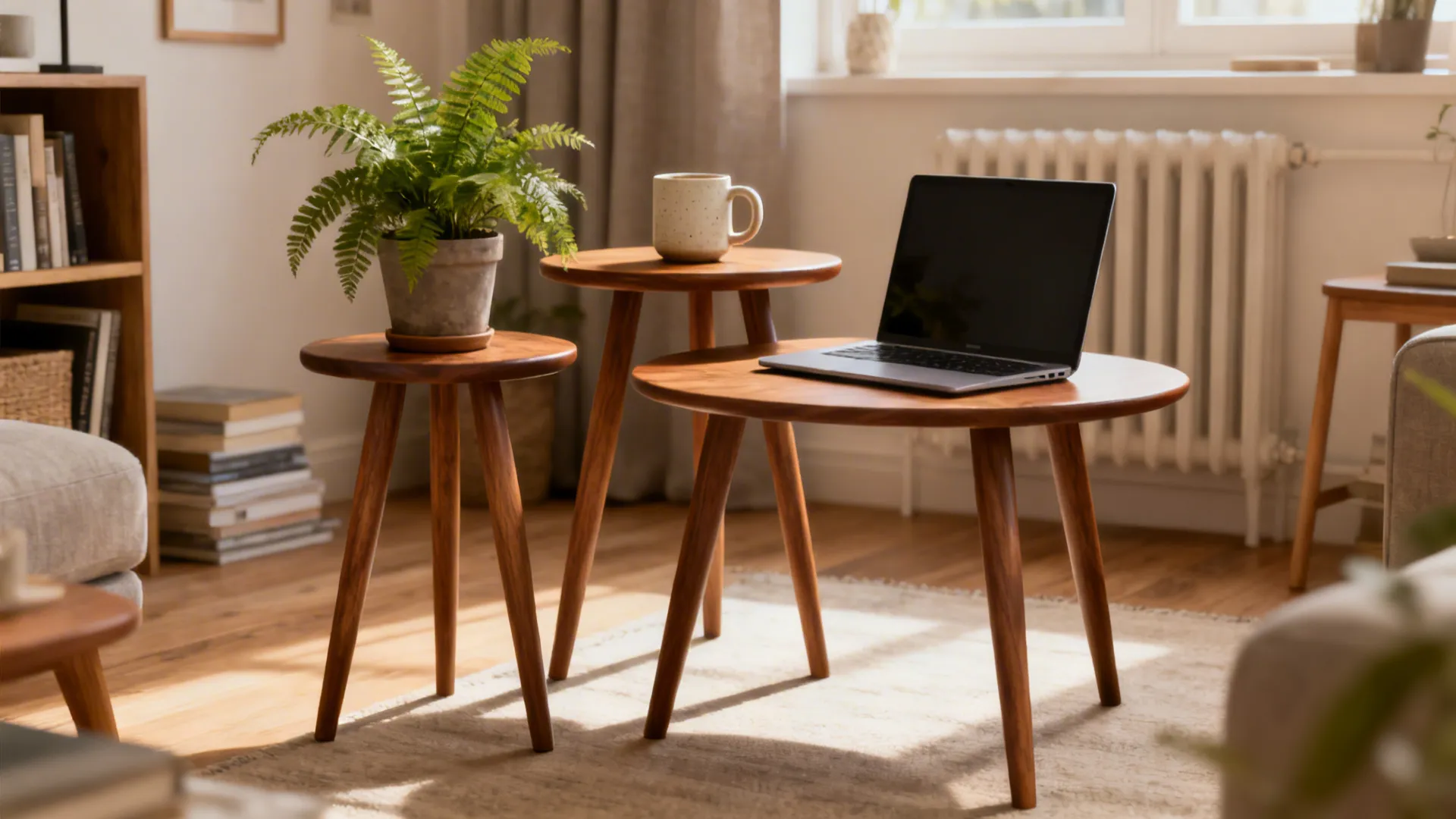 Three wooden nesting side tables with a laptop green plant and coffee cup in sunlit room