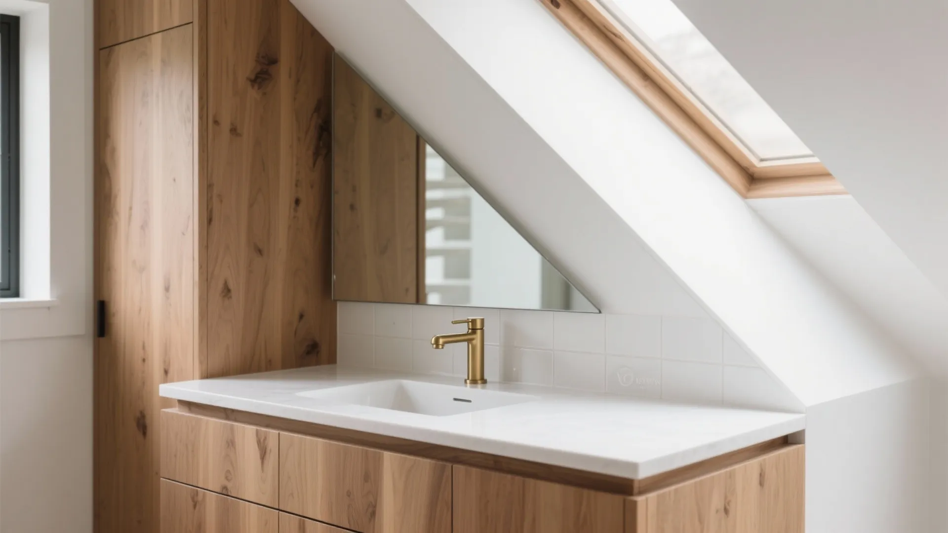 Modern bathroom vanity features wood cabinets white countertop gold faucet mirror and bright roof window