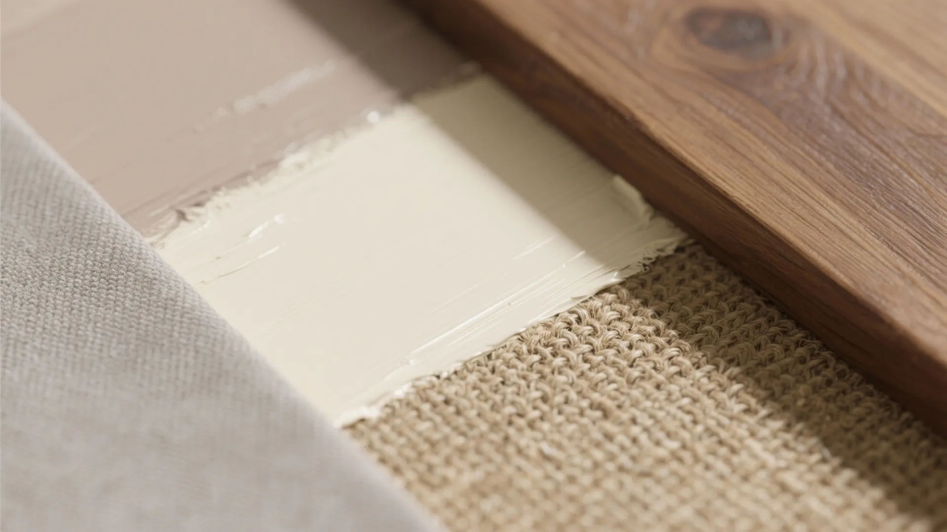 Close up of wood board with fabric and light brown plus cream paint texture color sample