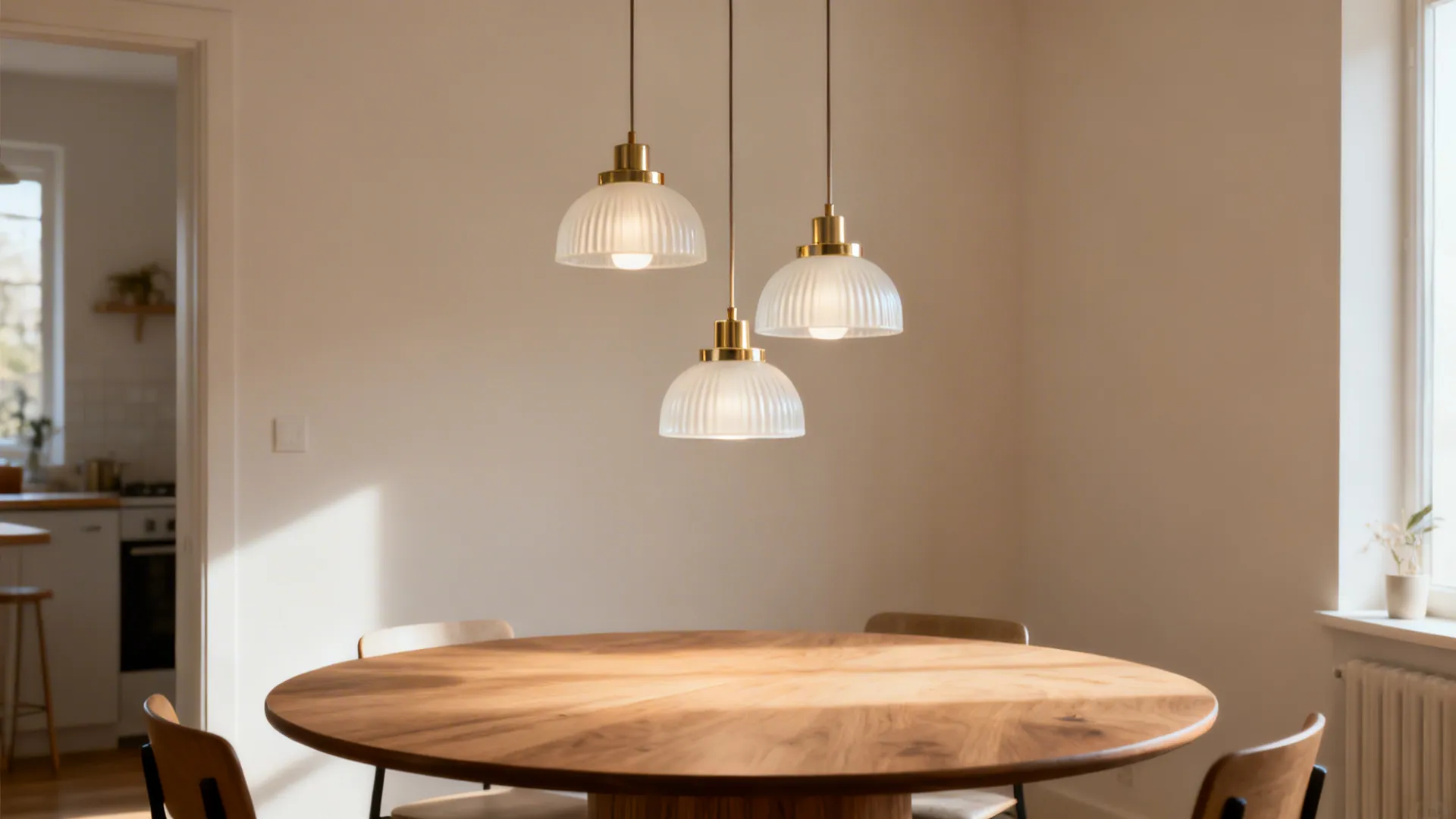 Three glass ceiling lights hanging over a round wooden dining table in a bright room