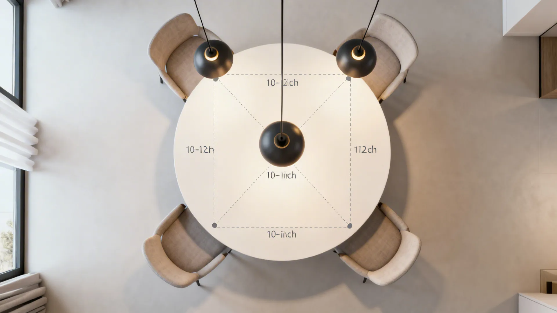 Top view interior design drawing of a round white table with chairs and three ceiling lights