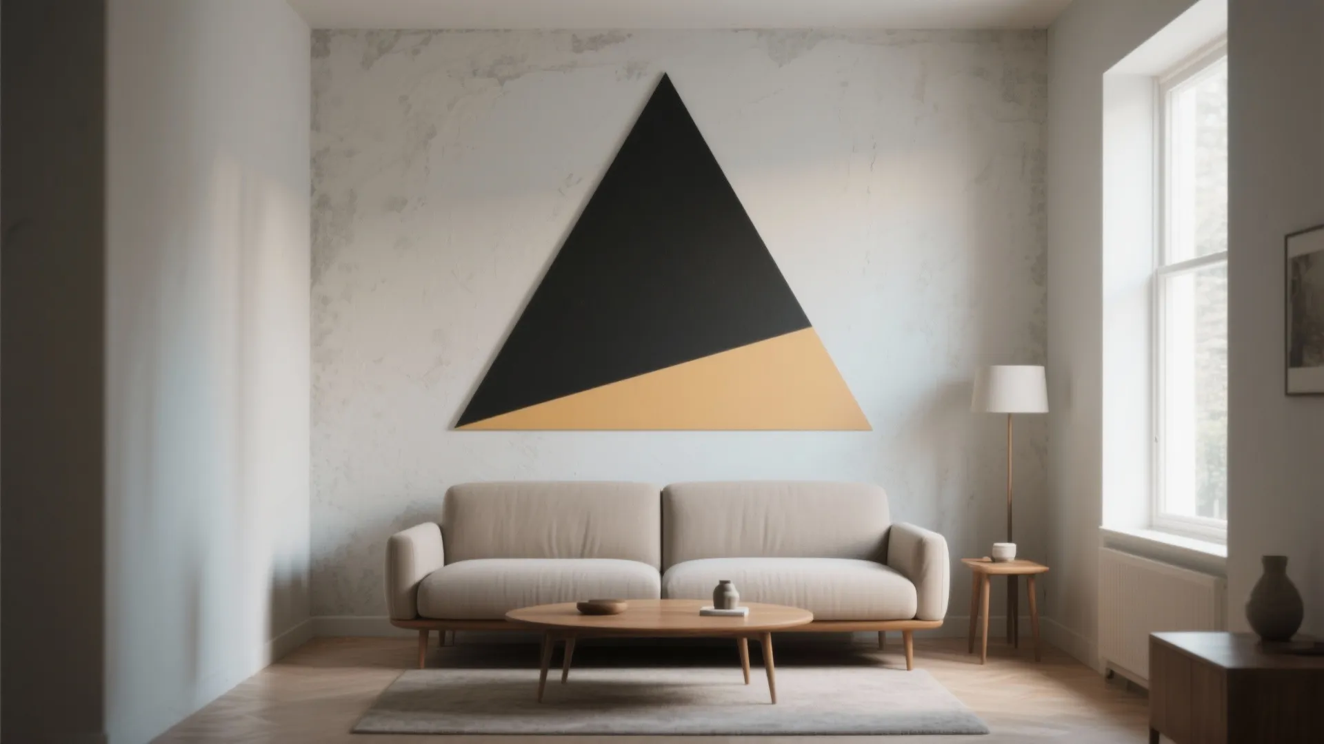 Modern living room featuring a large black and yellow triangle wall art above a sofa