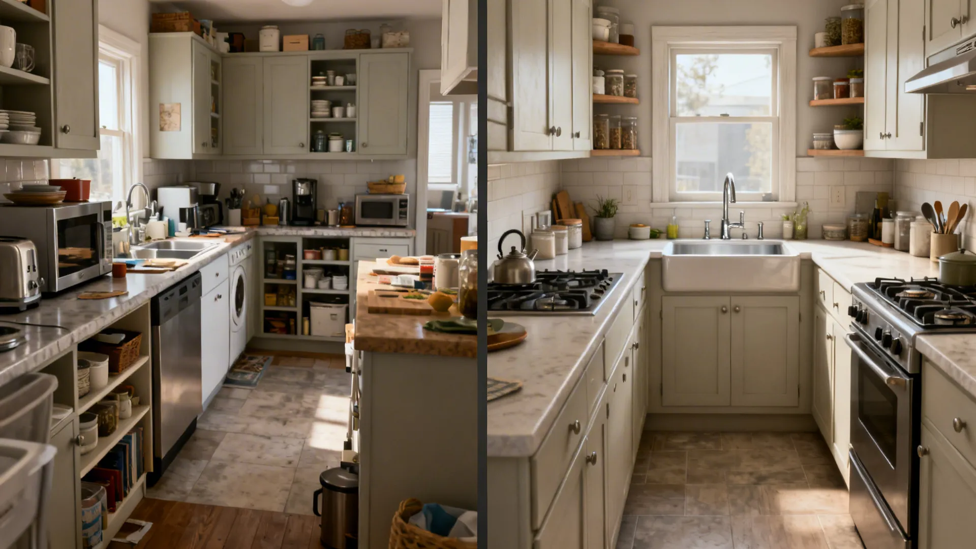 Before and after views showing an inefficient layout transformed into a clear compact work triangle.