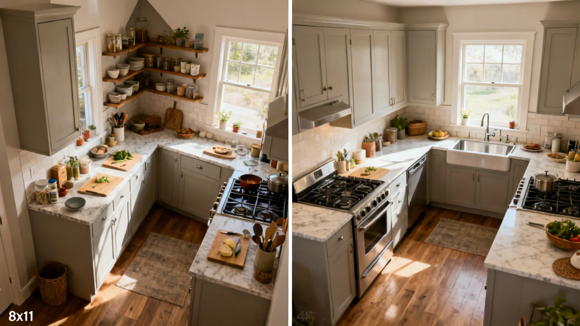 Split view comparing a cramped layout to an efficient L-shaped prep-first arrangement.
