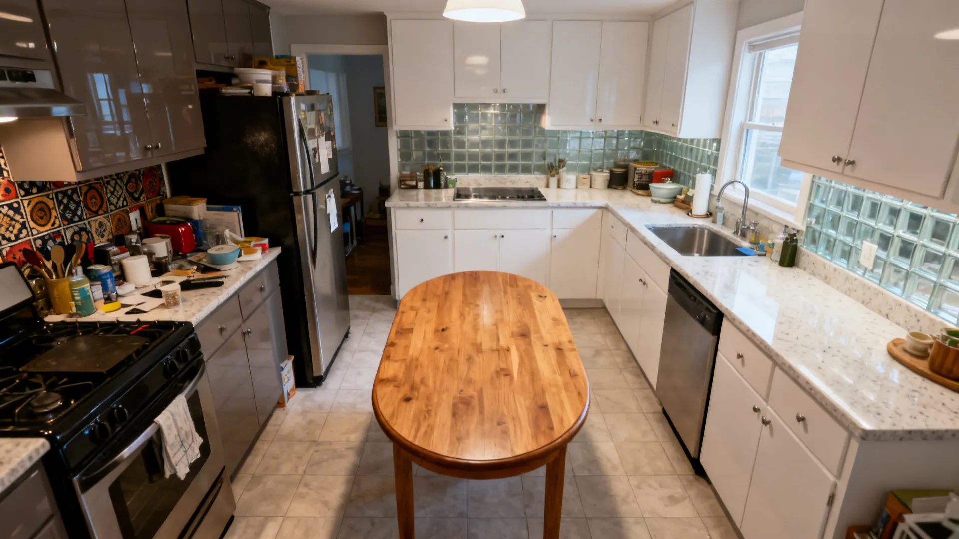 Before-and-after of an L-shaped kitchen showing improved work triangle and dining table placement.