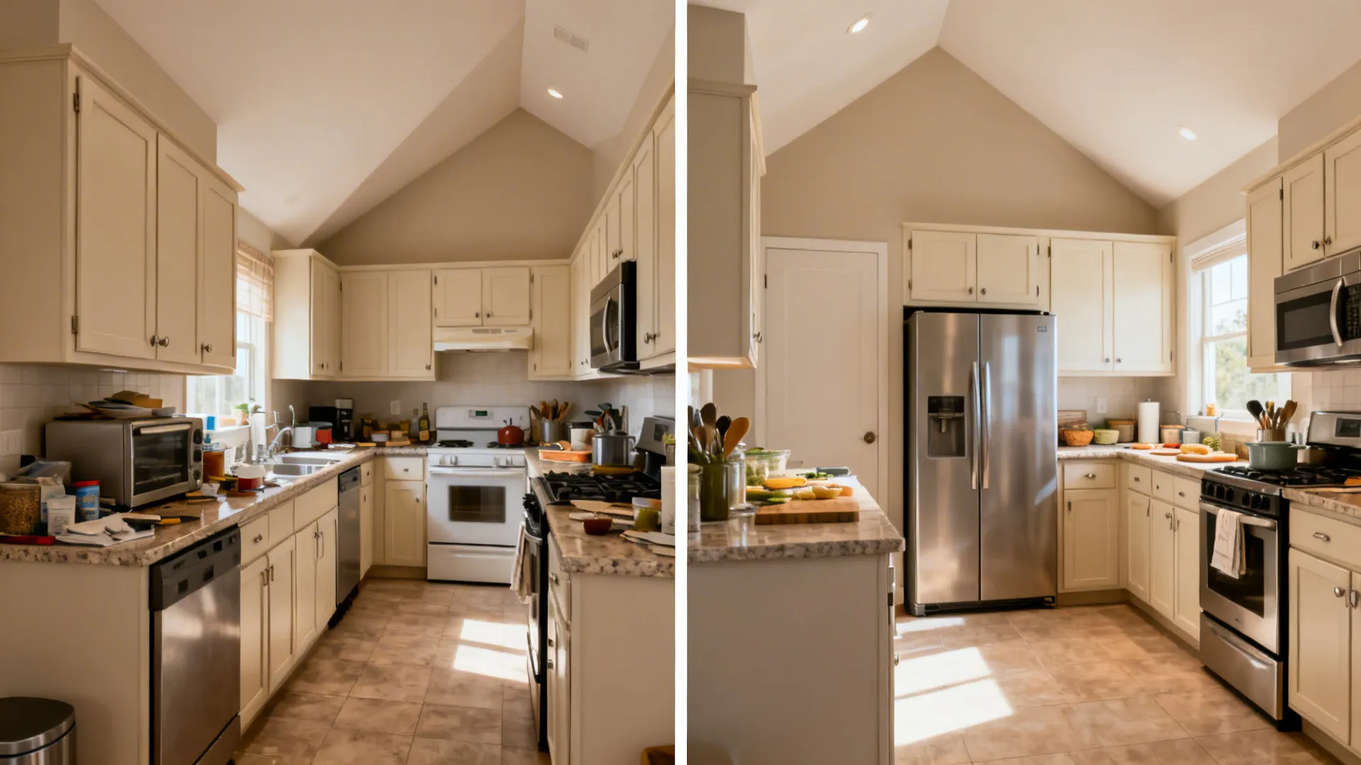 Before-and-after comparison of tiny kitchen from inefficient layout to compact work triangle with clearances.