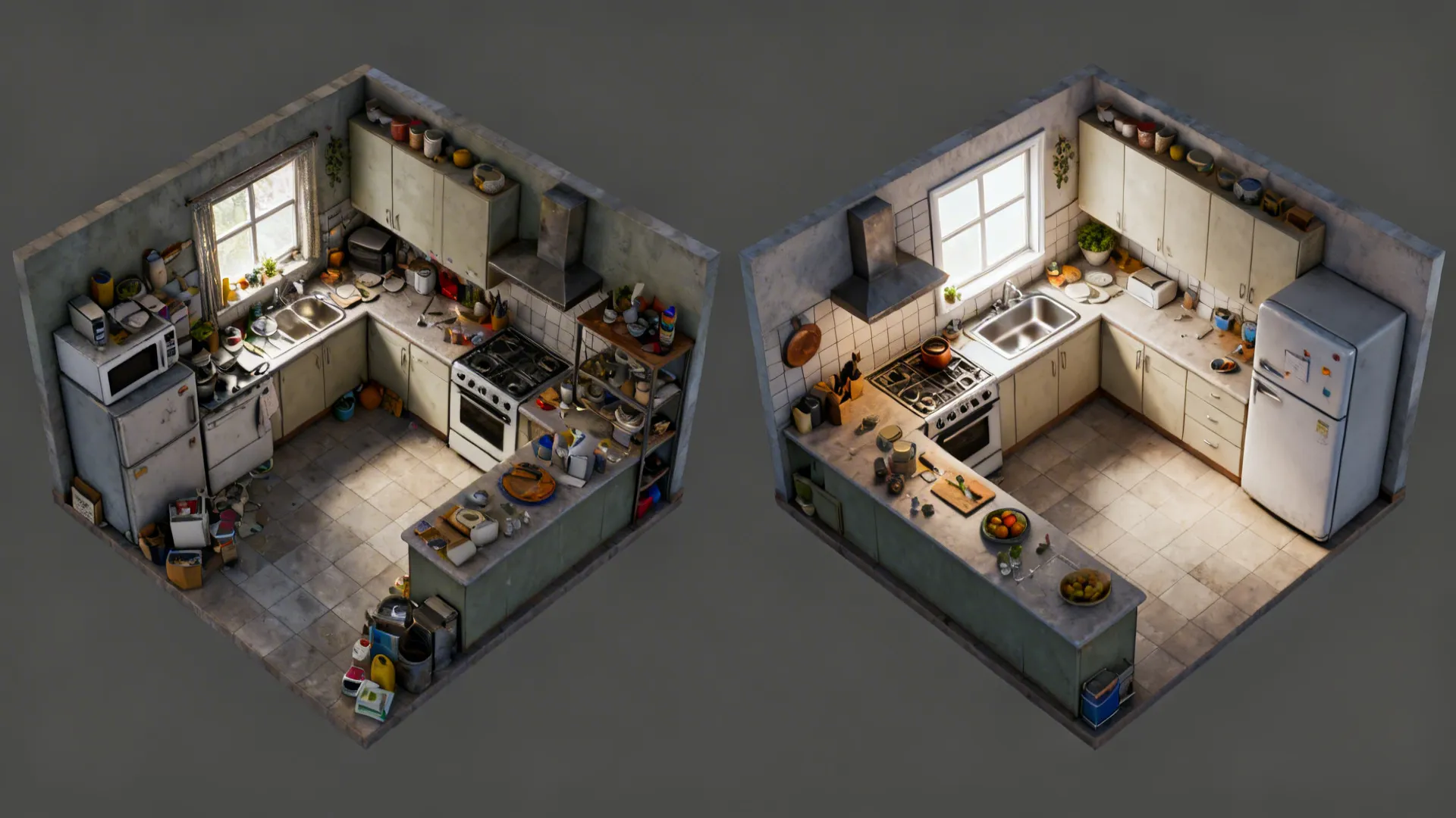 Before-and-after comparison of a 10x10 kitchen work triangle and circulation.