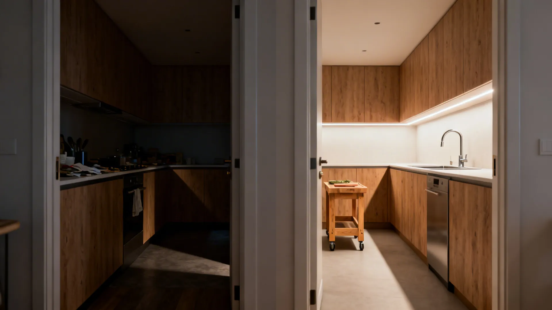 Before-and-after galley view showing improved micro-triangle layout and brighter lighting.