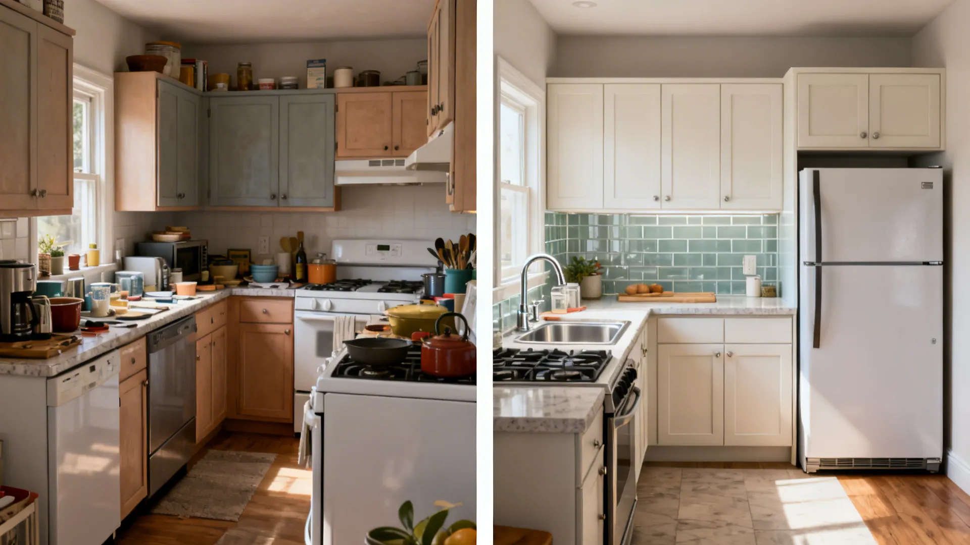 Before-and-after small kitchen showing inefficient layout versus a compact work triangle with clear prep space.