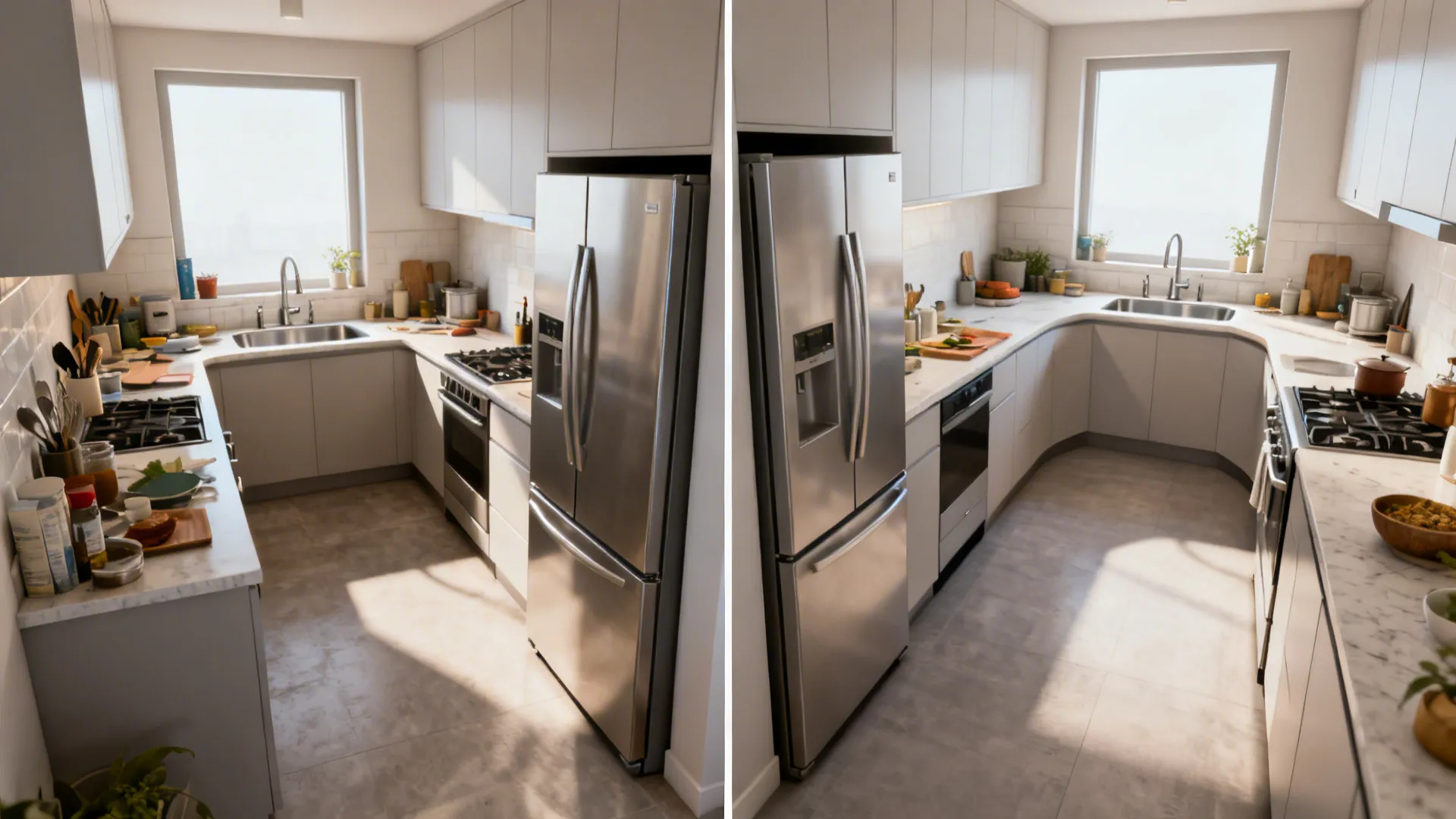 Before and after comparison of kitchen layout showing a straight counter versus a curved cabinet design