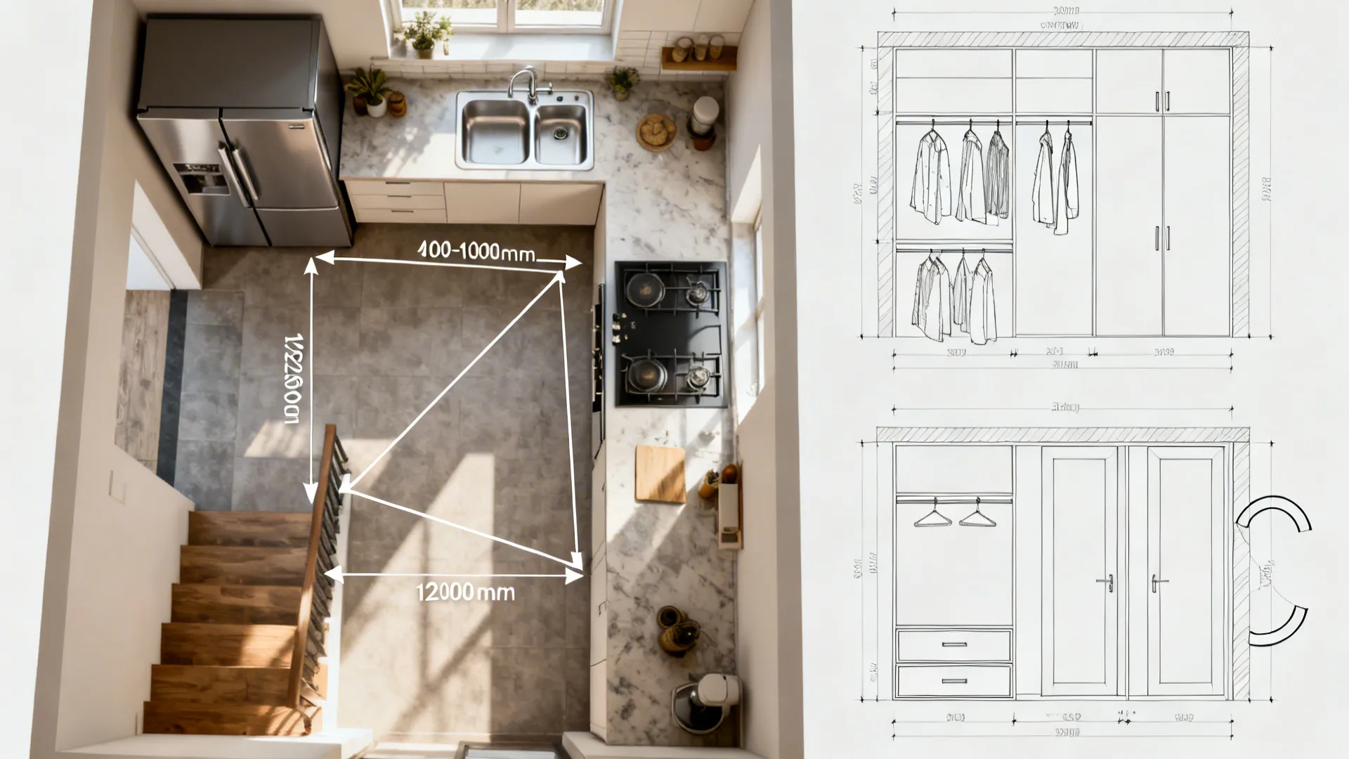 2D top-down plan marking the kitchen work triangle, aisle widths, landing spaces, and wardrobe ergonomics.