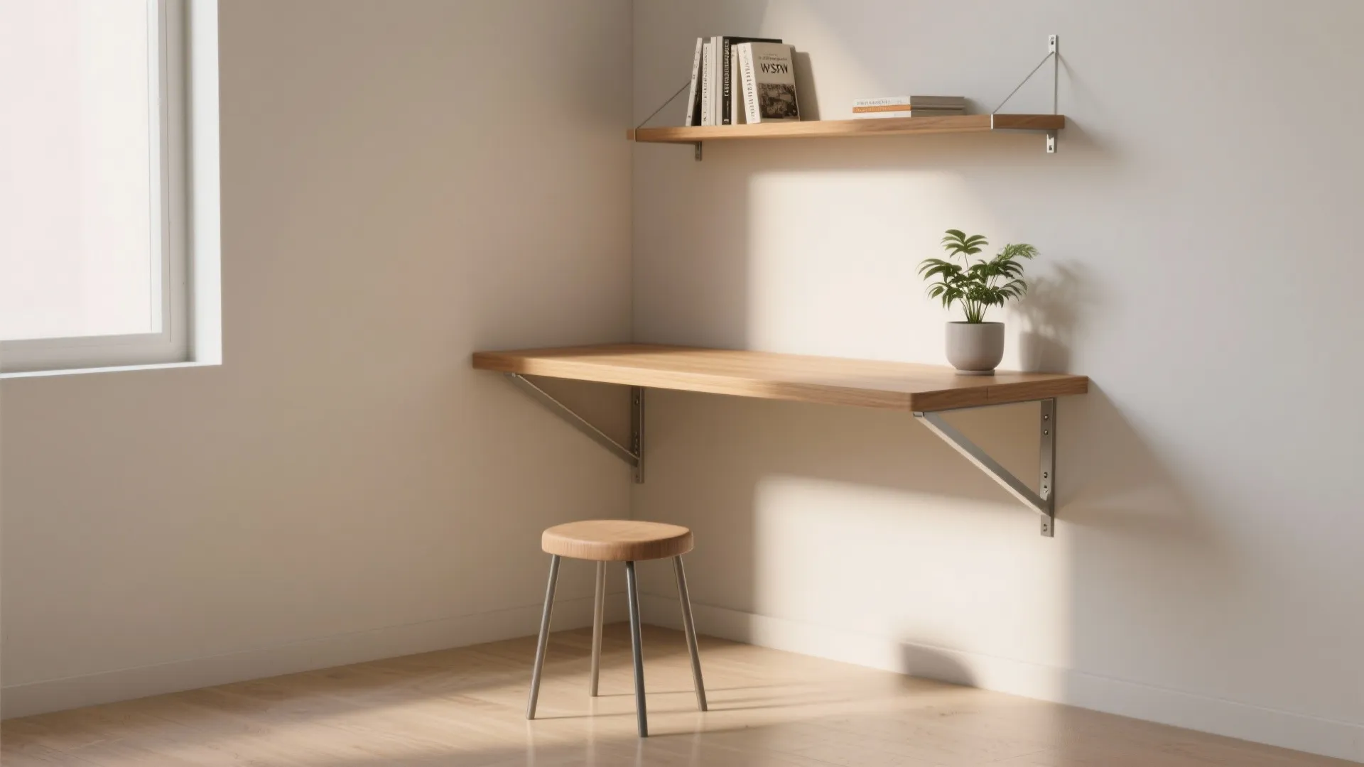 Minimalist home office with floating wood desk wall shelf small plant and a simple stool