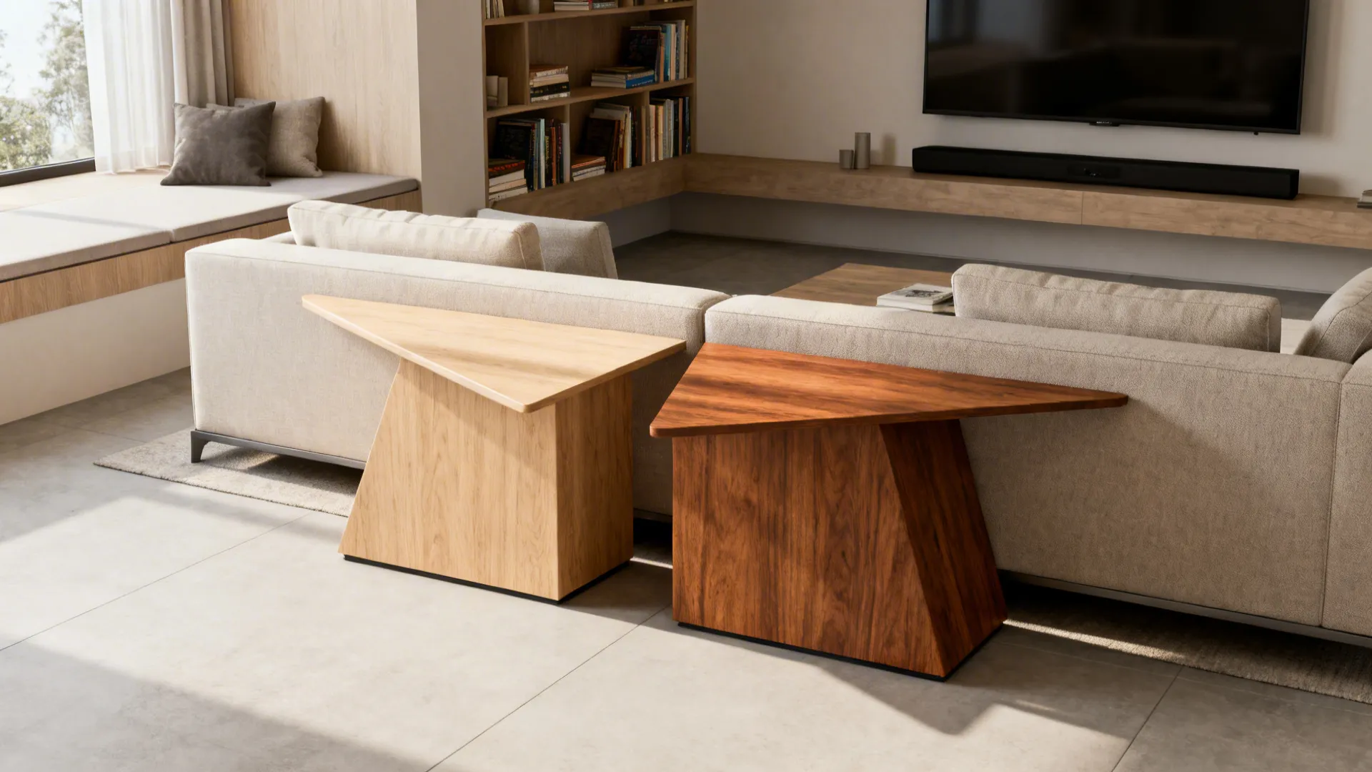 Living room with two triangular tables placed edge-first to create a reading nook and media zone.