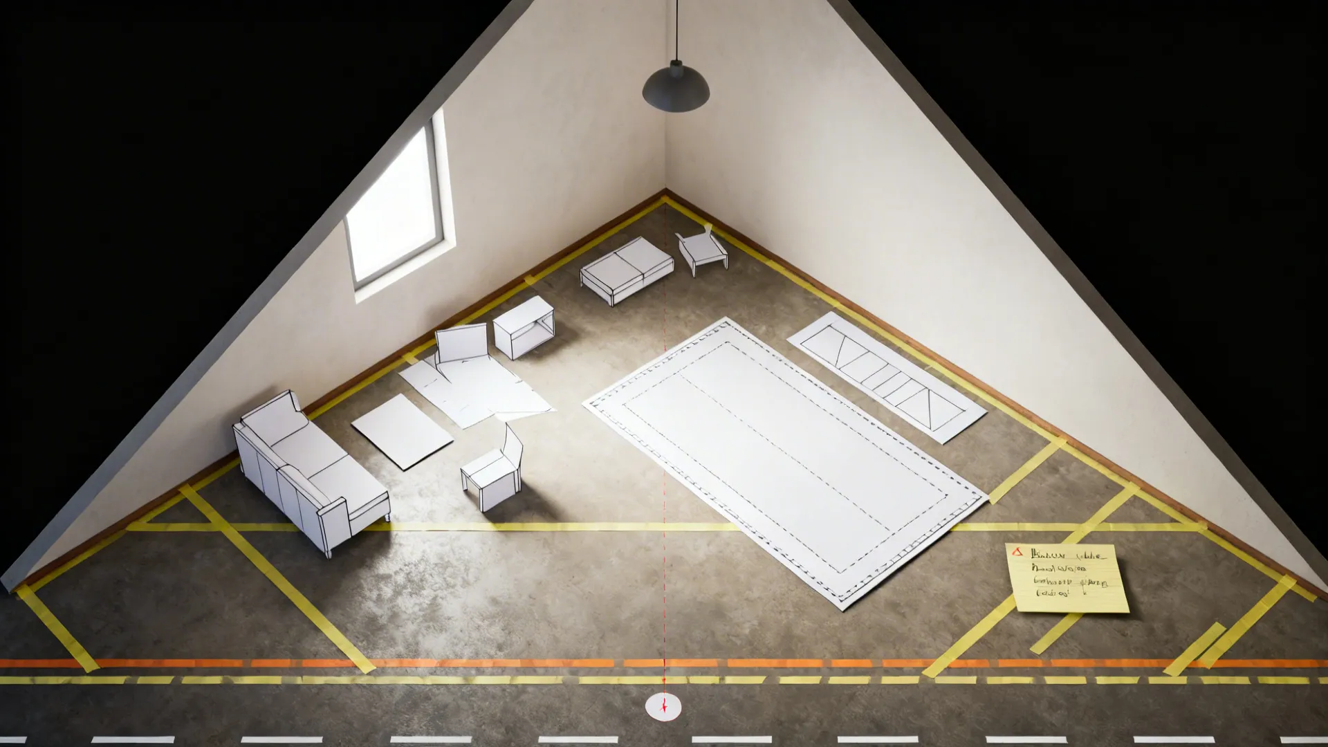 Top-down planning view with taped outlines, scaled cutouts, and a marked baseline in a triangular room.