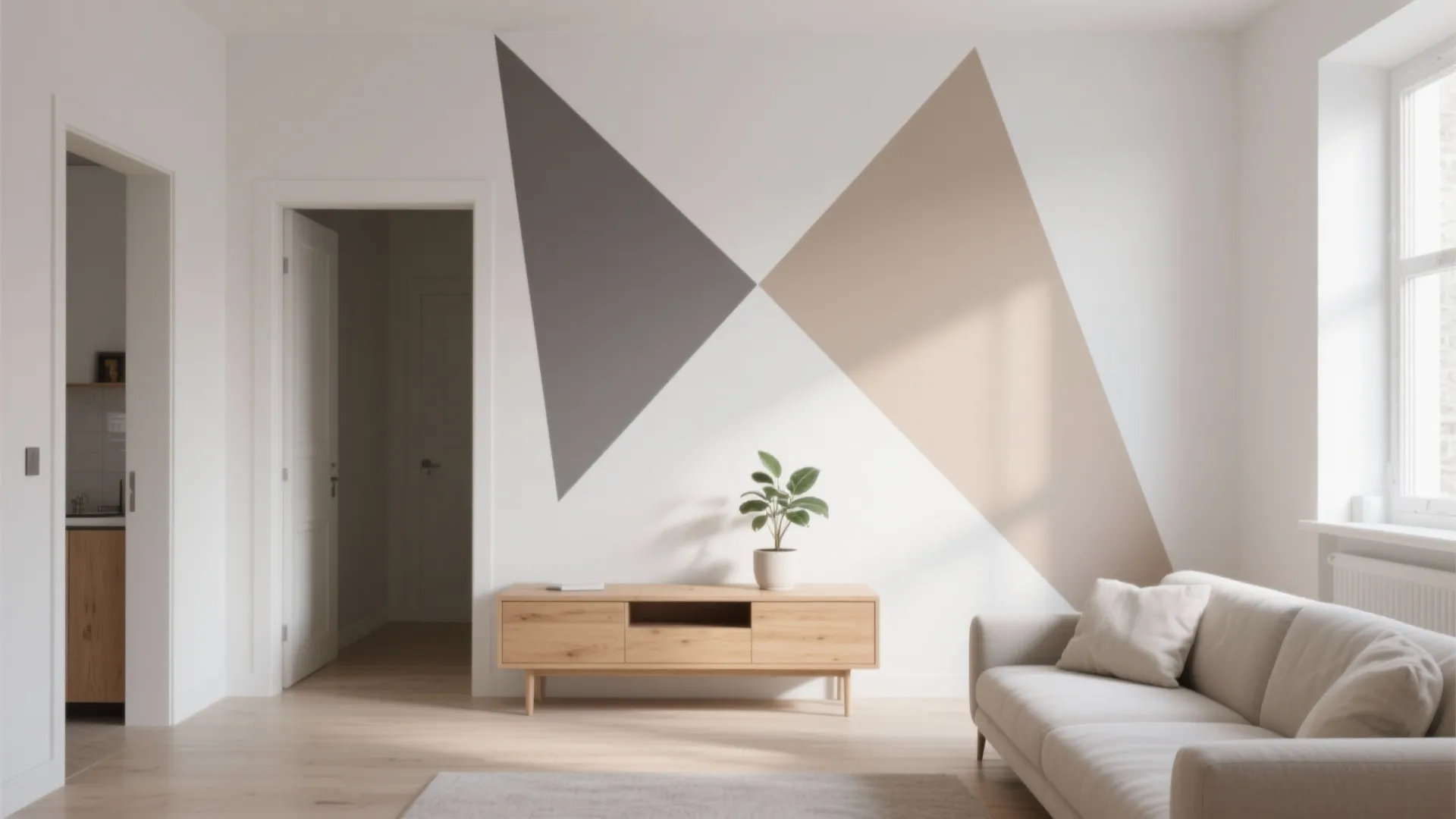 Modern living room with white sofa, wooden cabinet, small plant, and large geometric wall paint