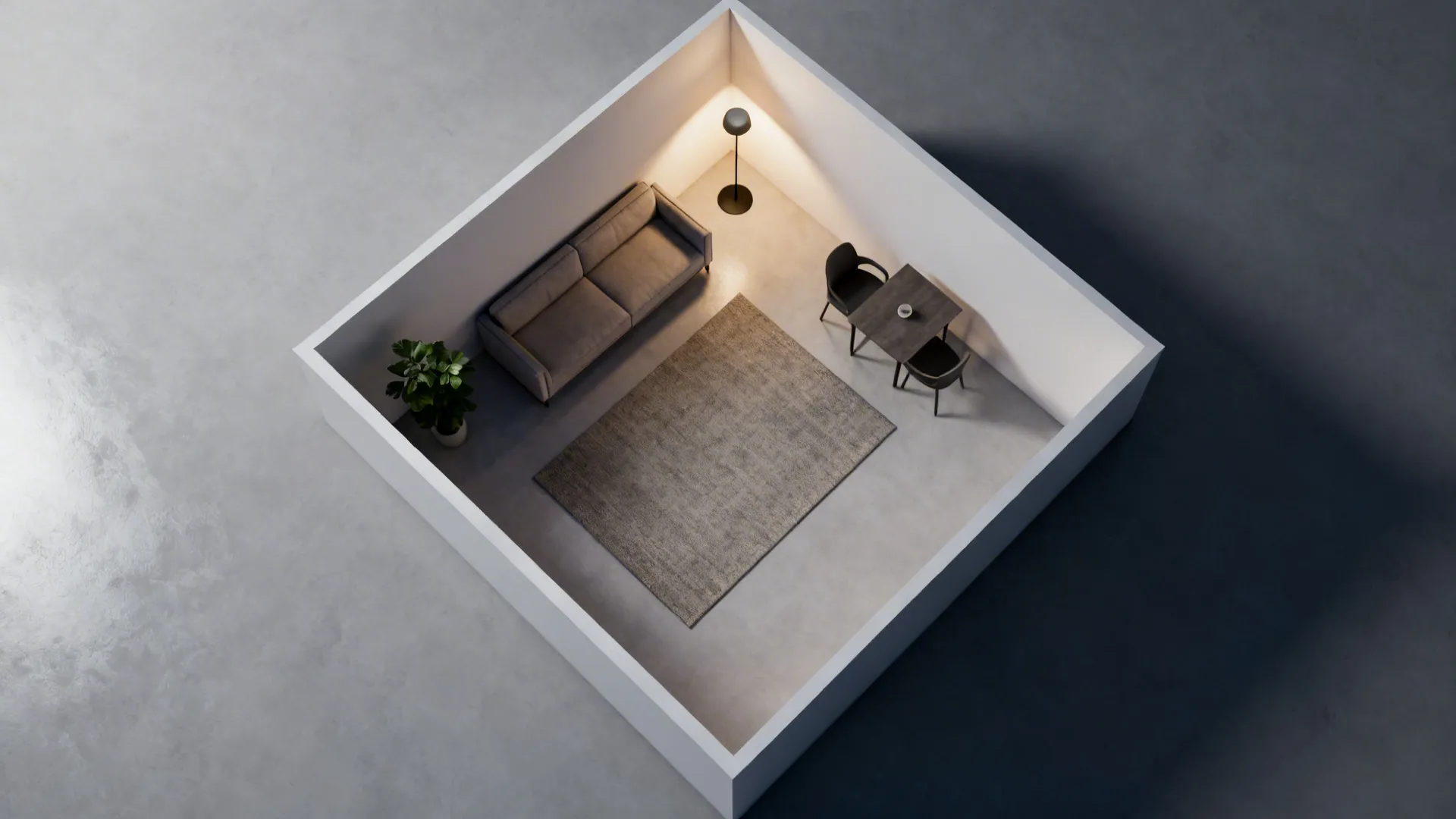 Top-down view of a triangular room with a centered rectangular rug and floated seating layout.