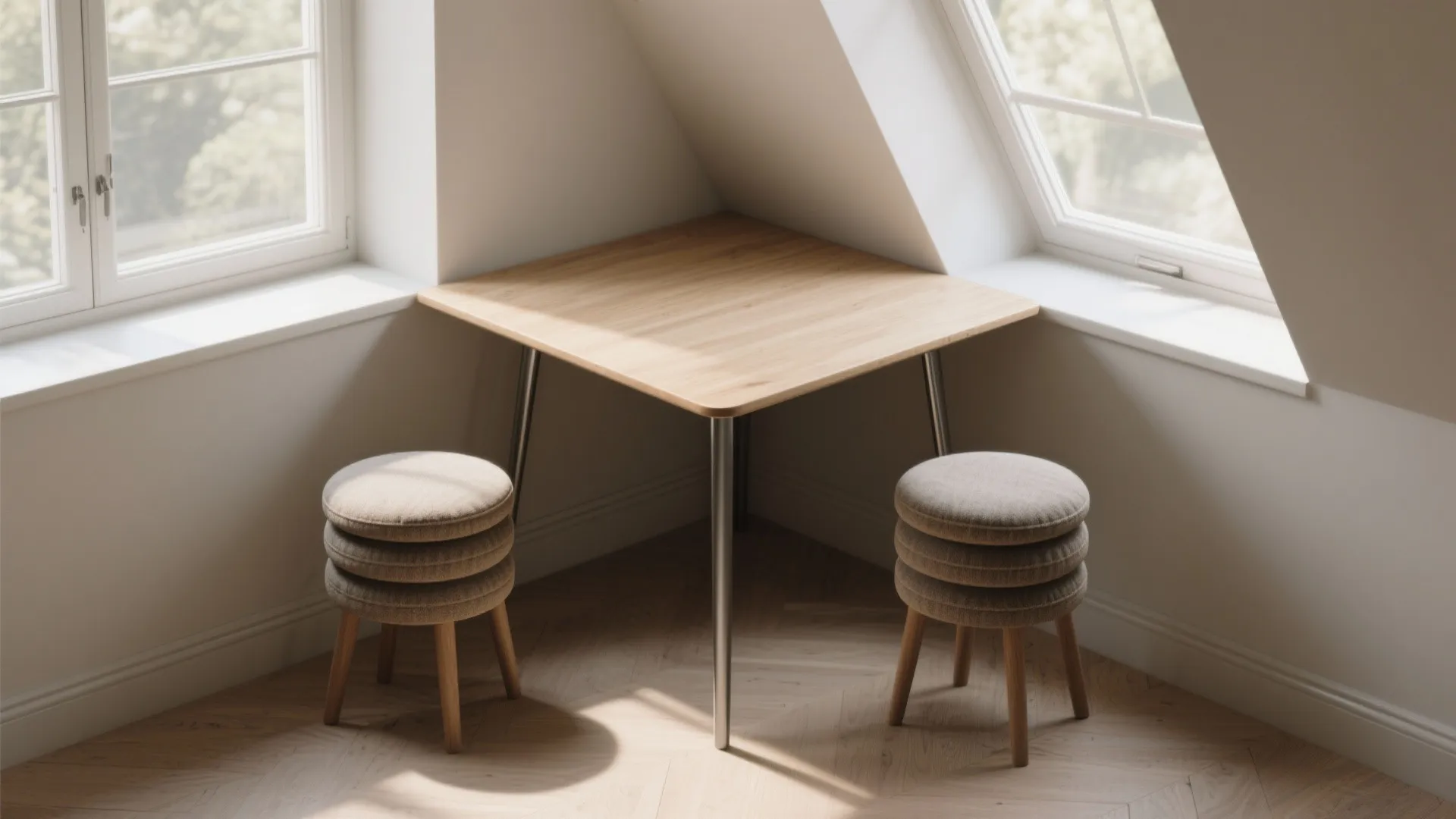 Wooden triangular corner table with two round stools placed under sloped ceiling with two windows