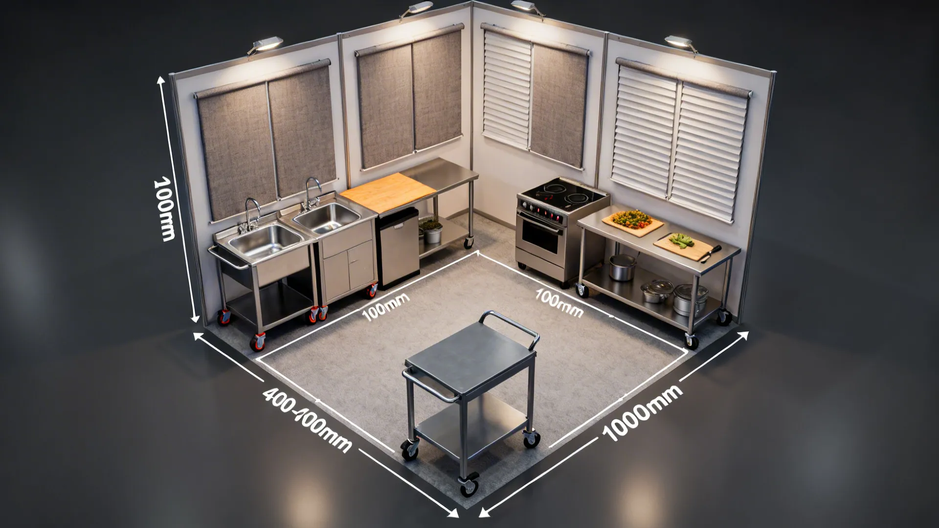 Top-down view of three mobile kitchen carts forming a working triangle with acoustic shutters behind.