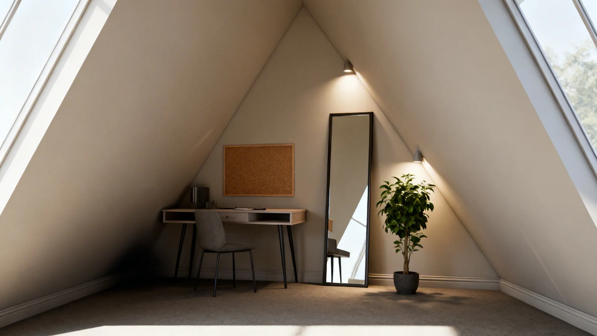 Before-and-after of a triangular room corner transformed from empty to a purposeful, well-lit zone.